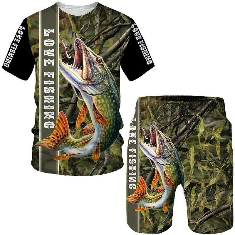 Summer Carp Fishing Pattern Men's T Shirt+Shorts 2PCS Outfits Casual Shorts Sets 3D Print Oversized Man Clothes O-Neck Tracksuit