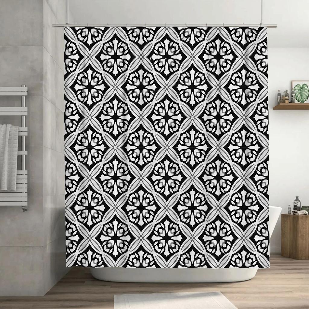 Black White Shower Curtain with Classic Pattern for Bathroom Decor Waterproof Bath Liner, Ideal Gift (80x180cm)