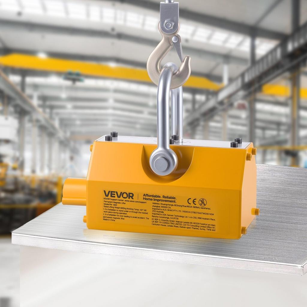 Permanent Magnetic Lifter, 600 kg Pulling Capacity, Heavy Duty N42 Neodymium Lifting Magnet with Release Handle and Steel Hook, Used in Shop Crane and