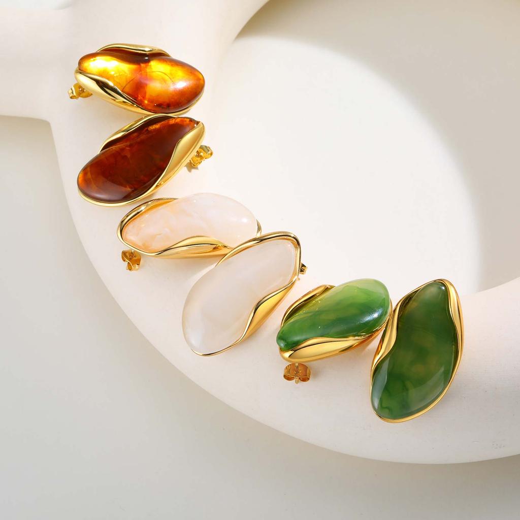 White Brown Green Resin Geometric Stud Earrings, Gold Plated Stainless Steel Earrings, New Design Jewelry for Women Gift