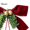 Reusable Window Tiebacks Christmas Bow Curtain Tieback with Bells, Faux Pine Branch Festive Holder, Red Drapery Holdback Flocked Fabric for