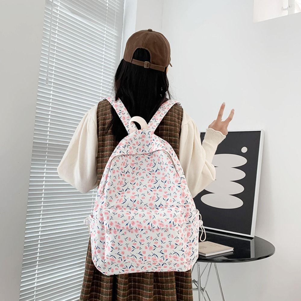 Nylon Floral School Bag Aesthetic Shoulder Bag Large Capacity Students Backpack  Travel