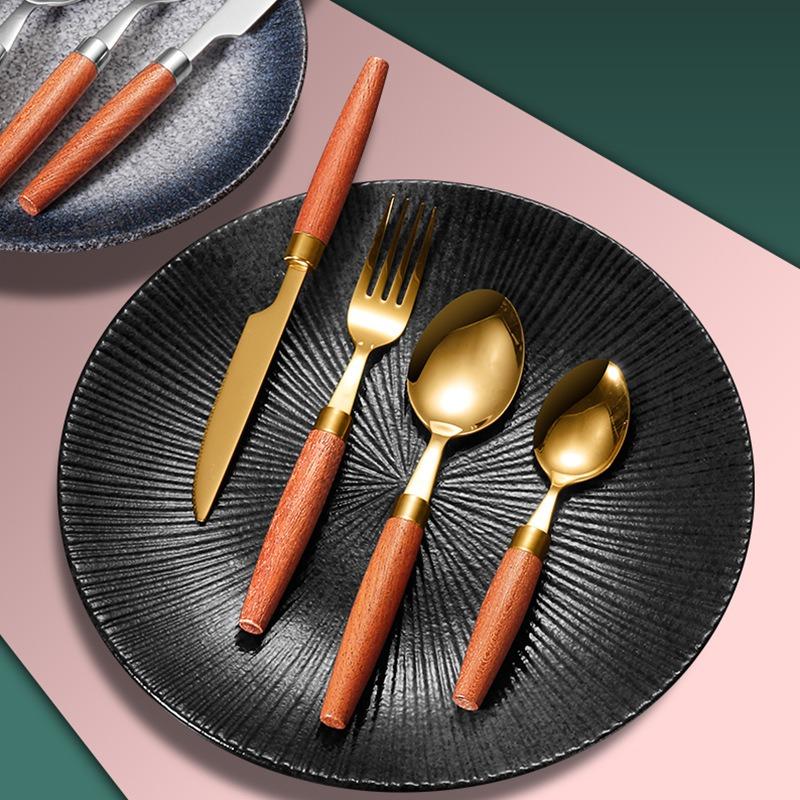 Столовые приборы из нержавеющей стали 304, деревянная ручка сапеле, нож, вилка и ложка в западном стиле, простые столовые приборы, четыре набора