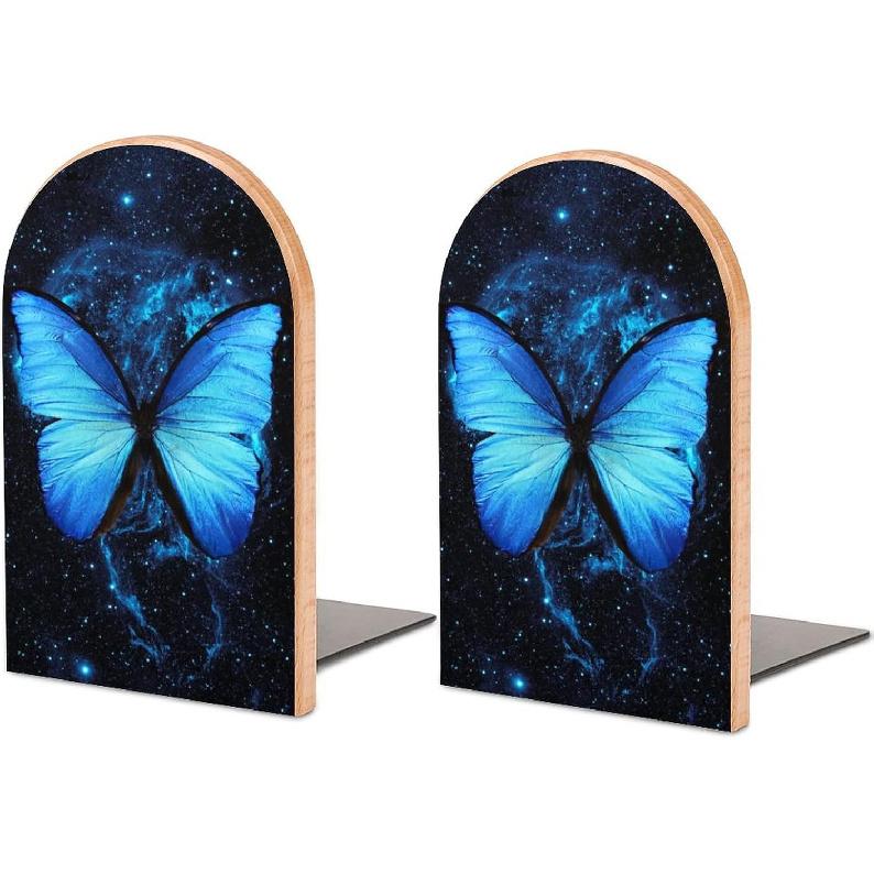 Подставки для книг Синяя бабочка Звездное небо Подставки для книг для полок для удержания книг Прочные нескользящие стопоры для книг Деревянные Декоративные для дома Офиса