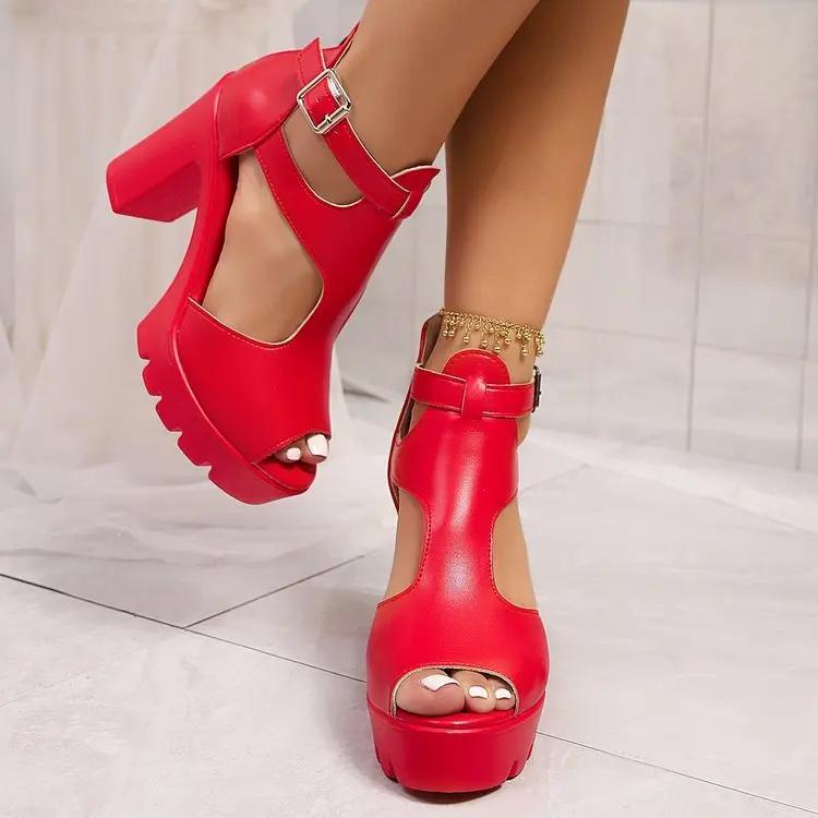 Women Summer Peep Toe Sandals Chunku High Heels Solid Fashion Women's Shoes Platform Belt Buckle Heeled Sandales Femmes