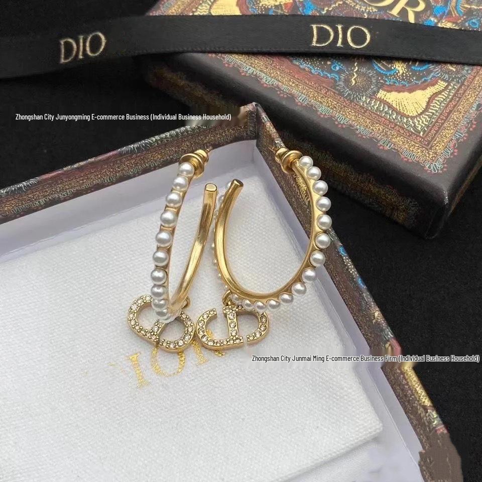 Women's Luxurious C-Shaped Pearl Tassel Earrings with CD Letter and Diamond Inlays