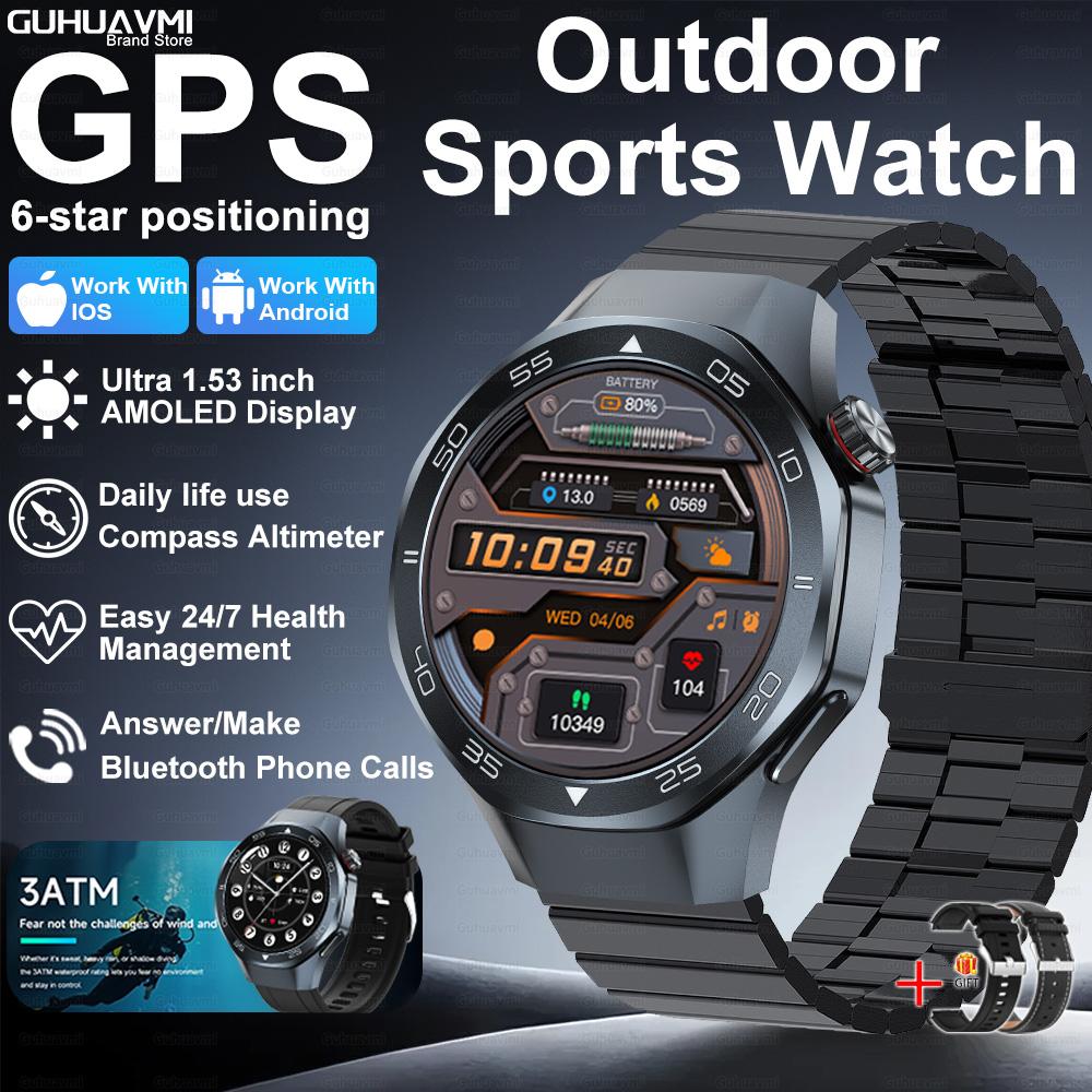 Новые умные часы с GPS-позиционированием для мужчин, 1,53-дюймовый AMOLED HD-экран, компас, датчик сердечного ритма, водонепроницаемость 3ATM, звонки, спортивные, деловые умные часы