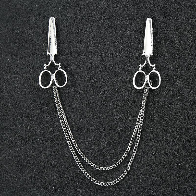Korean Style Men's Blazer Brooch with Scissors-Shaped Metal Chain Accessory
