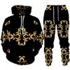 Luxury Golden Floral Print Men's 2 Piece Outfit Retro Baroque Pattern Hoodie/Pants/Set Hip Hop Streetwear Men/Women Jogging Suit