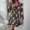 Women Spring Autumn Lantern Sleeve V Neck Flower Printed One Piece Dress