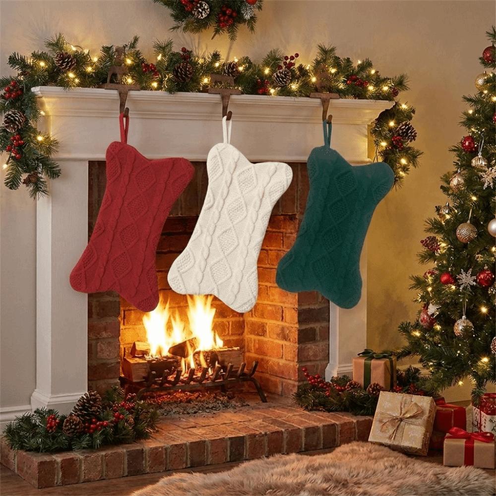 Bone Shape Gift Storage Bag Cable Knit Hanging Ornament Cute Christmas Stocking Fireplace