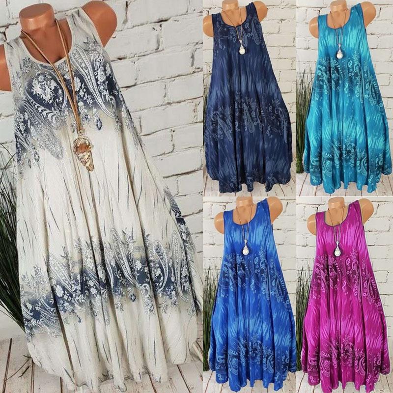 Удобное женское летнее миди-платье без рукавов с цветочным принтом большого размера для повседневной пляжной носки