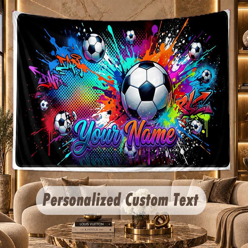 Soccer (293) Theme Wall Tapestry Customized With Name Text Personalized Hanging Tapestry For Bedroom Living Room Decor