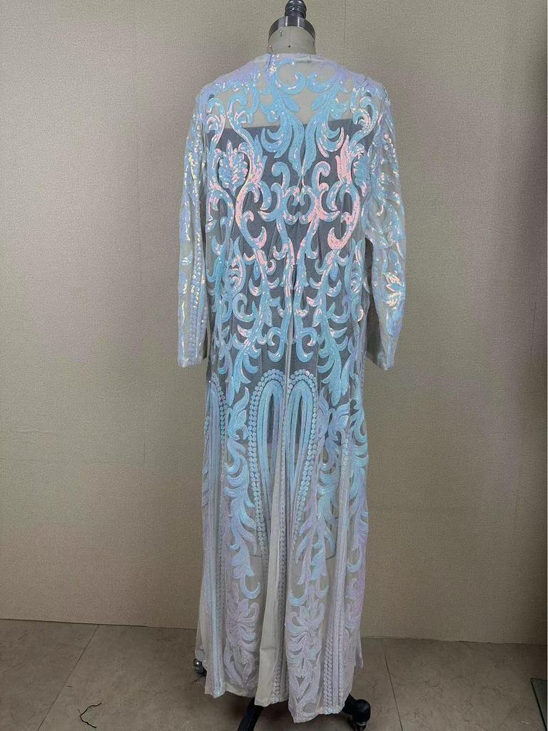 Европейский и американский кардиган с длинным рукавом, из сетки с пайетками и бисером