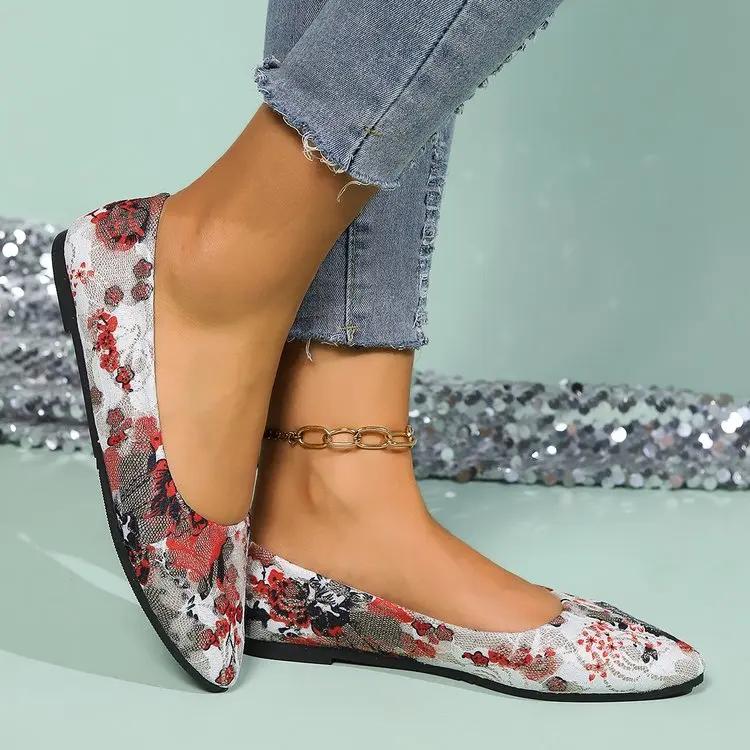 Fashion Ladies Shoes 2024 Brand Shoes Shallow Women's Flats Fashion Slip-on Printing Beanie Flat Shoes Sexy Pointed Toe Flat Low Heels