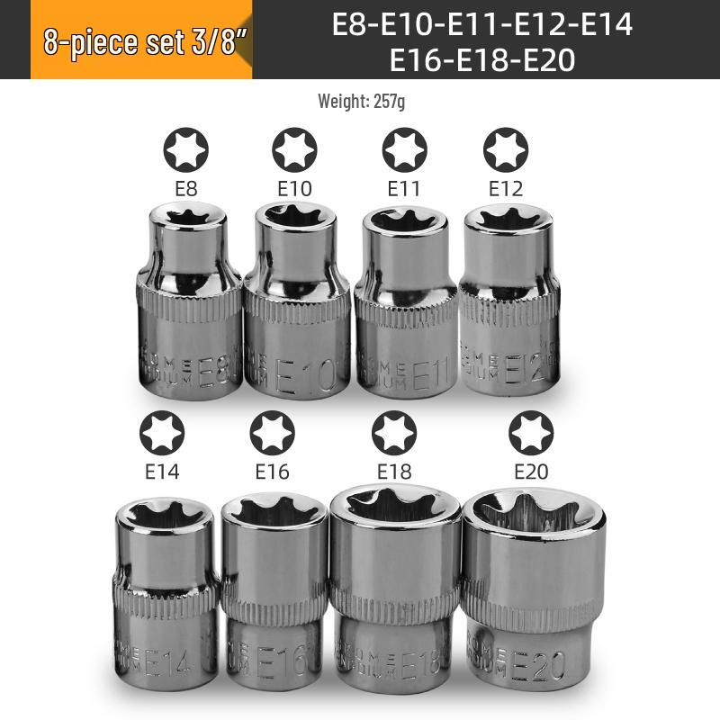 E-Type Star Socket Set: Large, Medium, Small Flower Head Sleeves for Auto Repair (E8, E10, E14, E20, E22)