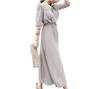 JINJUDUO Long Sleeve Pleated Fashionable Plain Button Closure Long Dress with Waistband and Belt Women's Autumn/Winter Dress, (Gray, XX-Large)