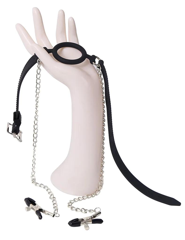 All Silicone Open Mouth O Ring Gag With Nipple Clamps BDSM Bondage Harness Locking Belt Sexyshop Erotic Accessories For Adults