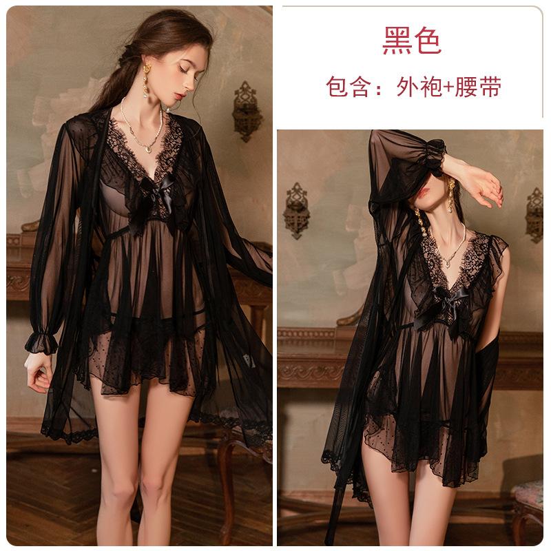 Women's Sheer Mesh Lace Bow Trim Sleep Dress with Robe Lingerie Set