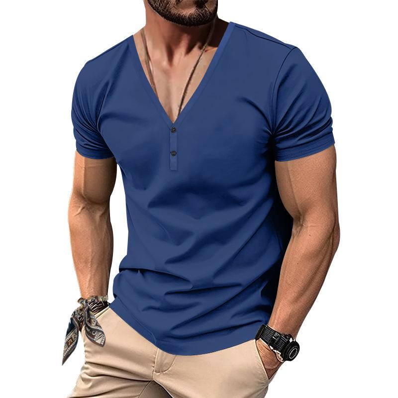 2025 Summer Men T-shirt V-neck Fashion Design Slim Fit Soild T-shirts Male Tops Tees Short Sleeve T Shirt For Men