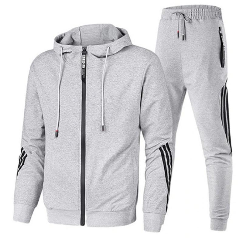 Men's Casual Sports Suit Three Bars Hooded Zipper Hoodie Long Pants Sports Suit