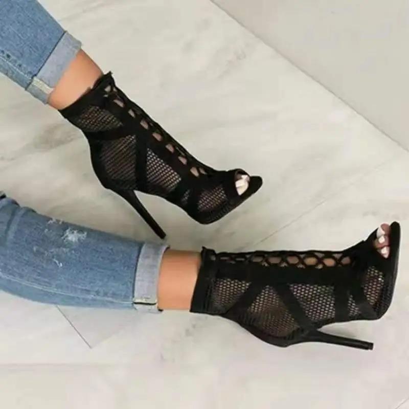 Fashion New Fashion Show Black Net Fabric Cross Strap Sexy High Heel Sandals Woman Shoes Pumps Lace-up Peep Toe Sandals Casual Mesh