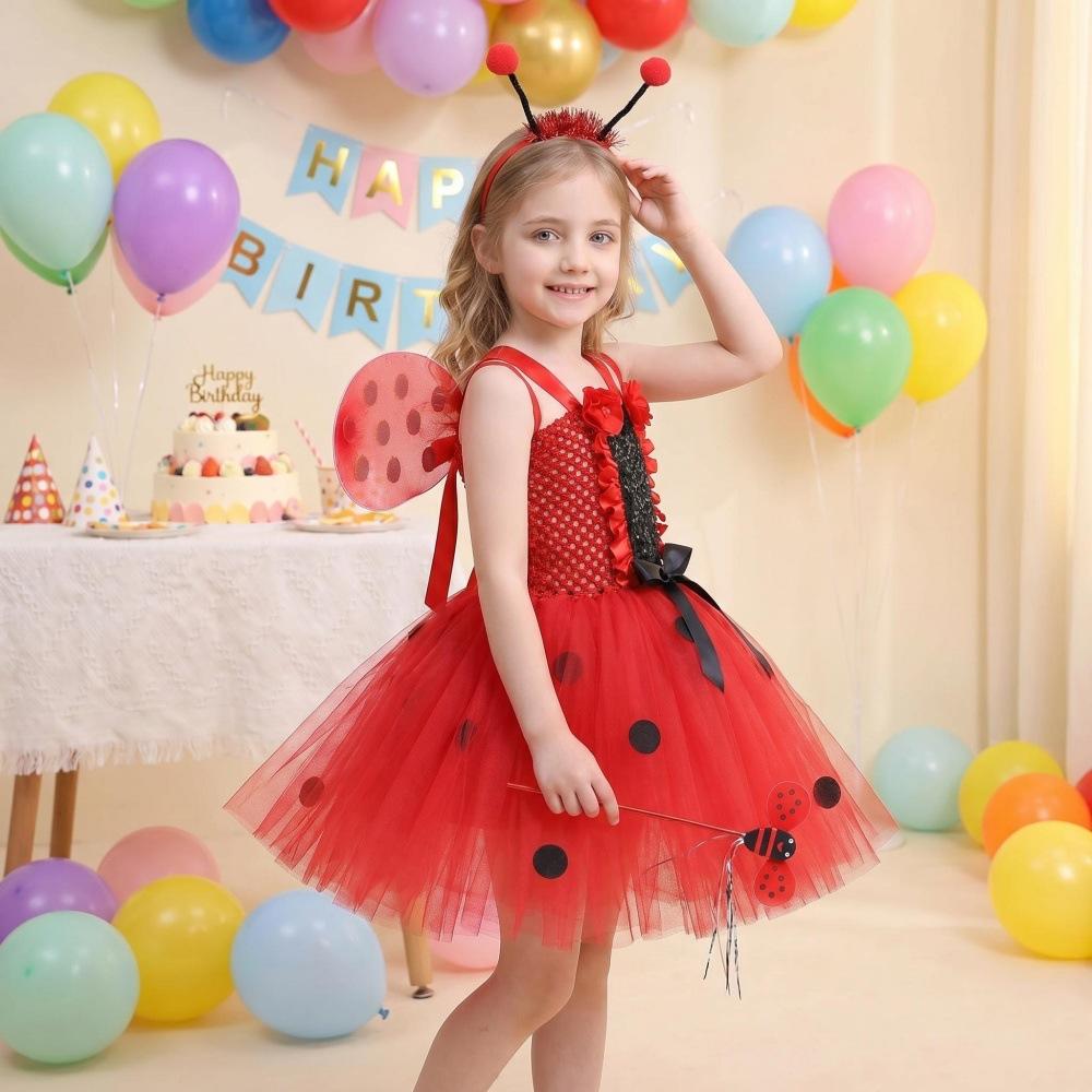 Girls Ladybug Costume Dress with Tulle Skirt and Wings for Halloween Party Cosplay Animal Performance Dress Up Set