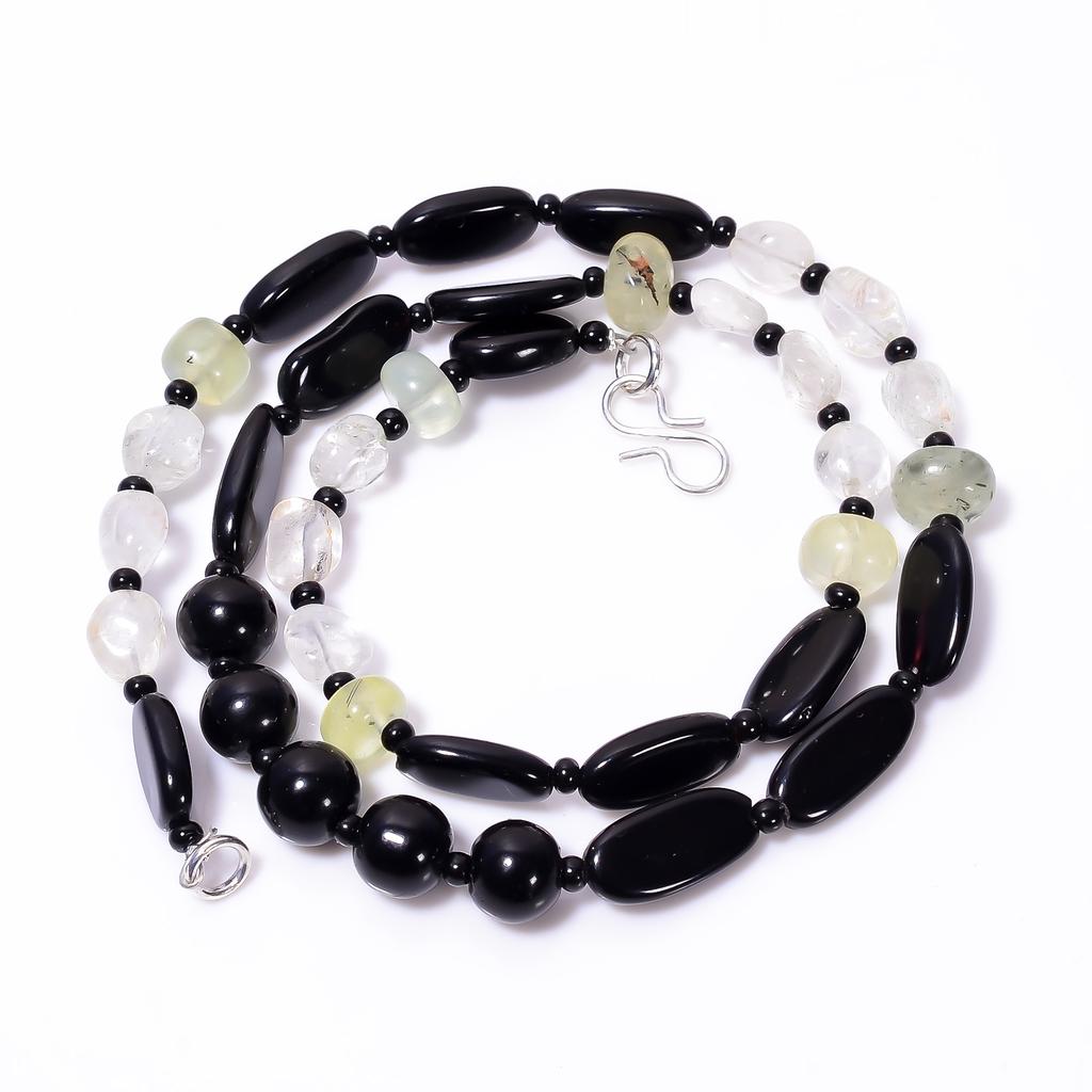 Natural Black Onyx Crystal Prehnite Gemstone Smooth Beads Necklace 8-16 Mm 18" UB-8606
