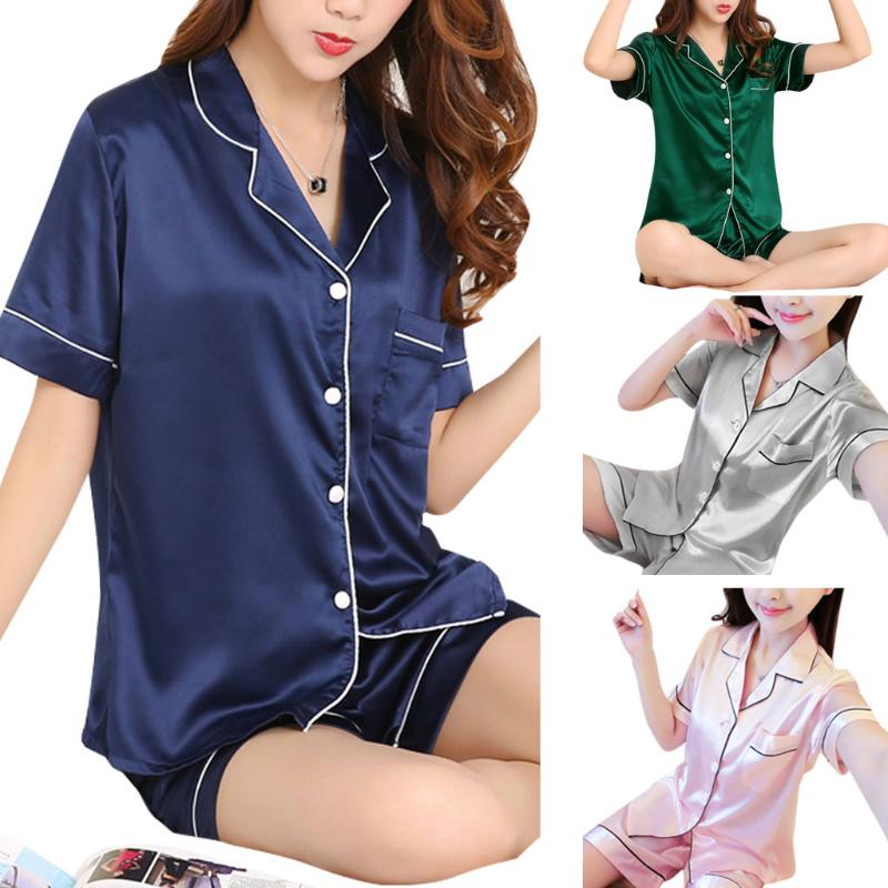Women's Satin Pajamas Pocket Lapel Nightgown Pyjama Nightwear Short Sleeve Loungewear