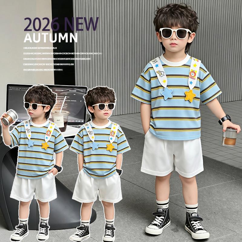 Boys' Summer Set, Western Style, Boys' and Girls' Striped Short sleeved T-shirt, 2026 New Style, Handsome and Casual Summer Dress for Children