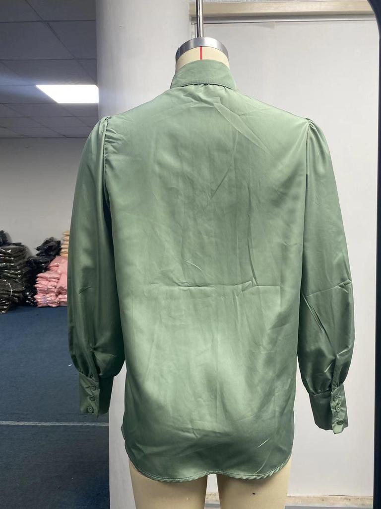 Women's Long Sleeve Ruched Stand Collar Lantern Sleeve Shirt