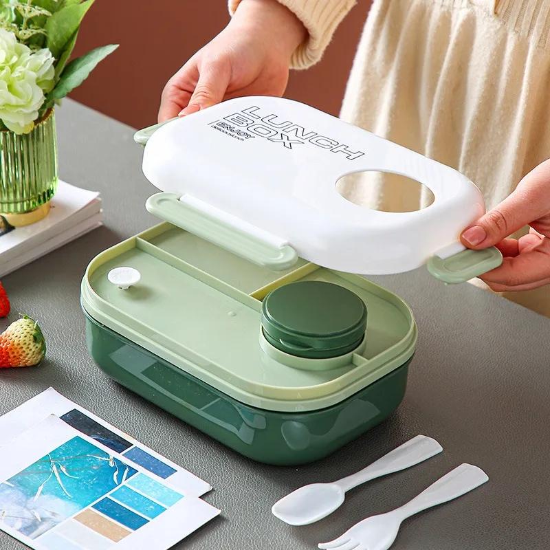 Large Capacity Separate Lunch Box Bento Box Plastic Portable Bento Box with Fork Spoon 1200ml Food Container Microwave-heated