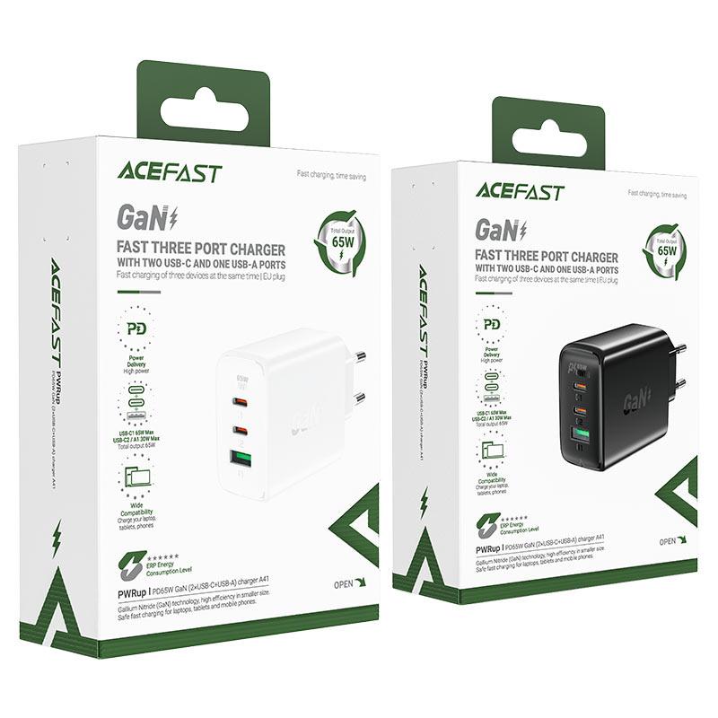 Acefast GaN Fast Wall Charger 65W (Dual USB-C & USB-A) - PPS/PD/QC4+, White (A41)