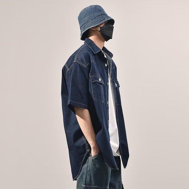 Японский ретро модный бренд летняя свободная джинсовая рубашка с короткими рукавами художественная молодежная рабочая рубашка мужская и женская многослойная куртка