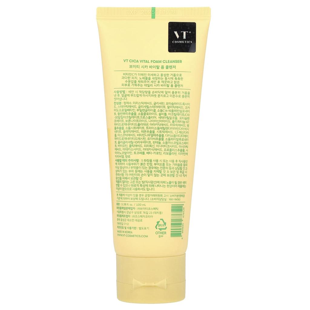 VT COSMETICS Cica Vital Foam Cleanser, 3,38 жидких унций (100 мл)