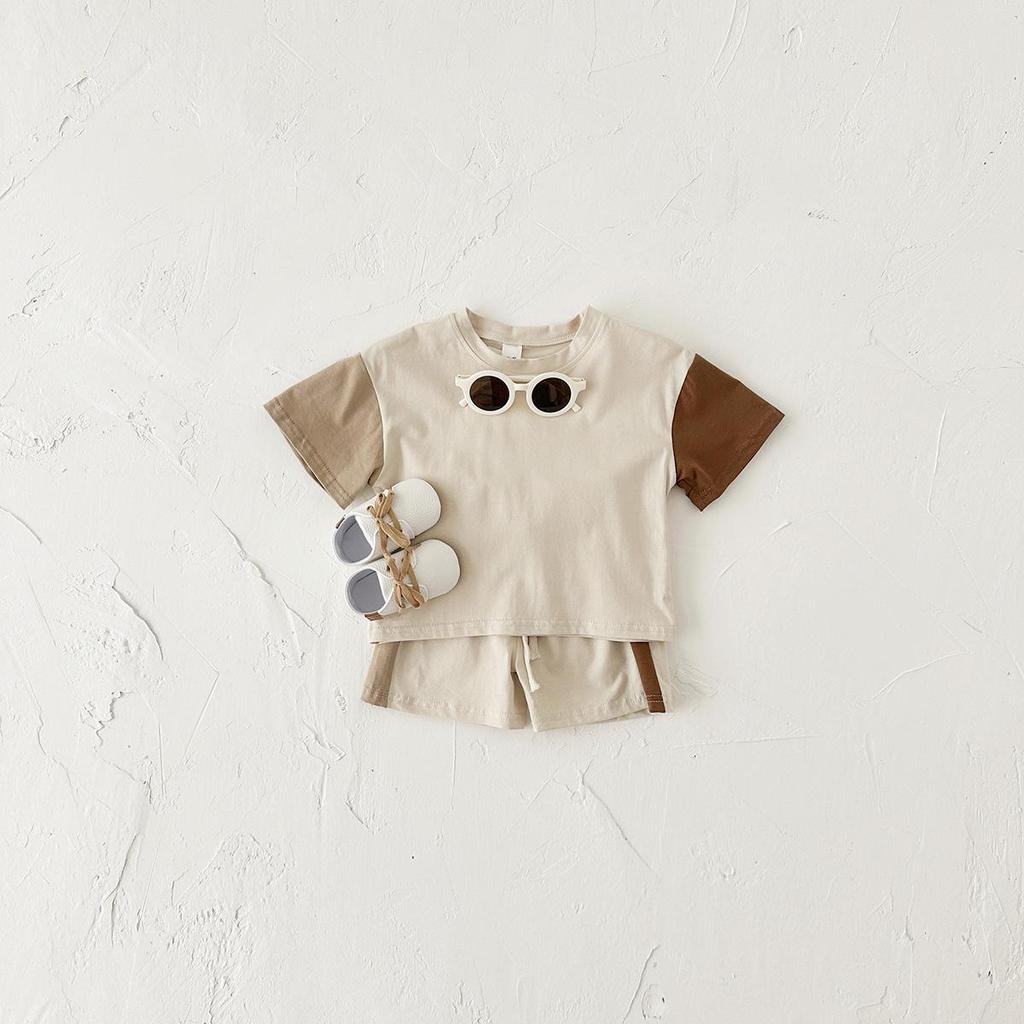 Korean Style Summer Patchwork Short Sleeve Set for Newborns, Unisex Two-Piece Ensemble
