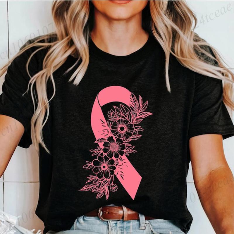 Breast Cancer Awareness Shirt Pink Ribbon Floral TShirts Support Cancer Fighter Womens Clothing Breast Cancer Survivor Tops