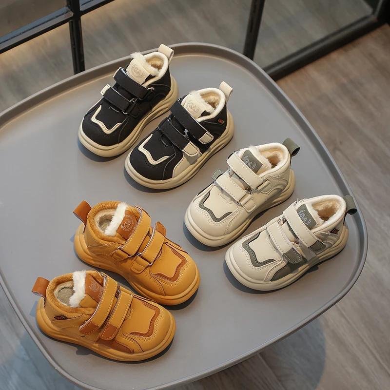 Boys Casual Sport Shoes Winter Warm Britain Style Girls Casual Shoes Double Hook & Loop Children Fashion Leather Shoes 2024 New
