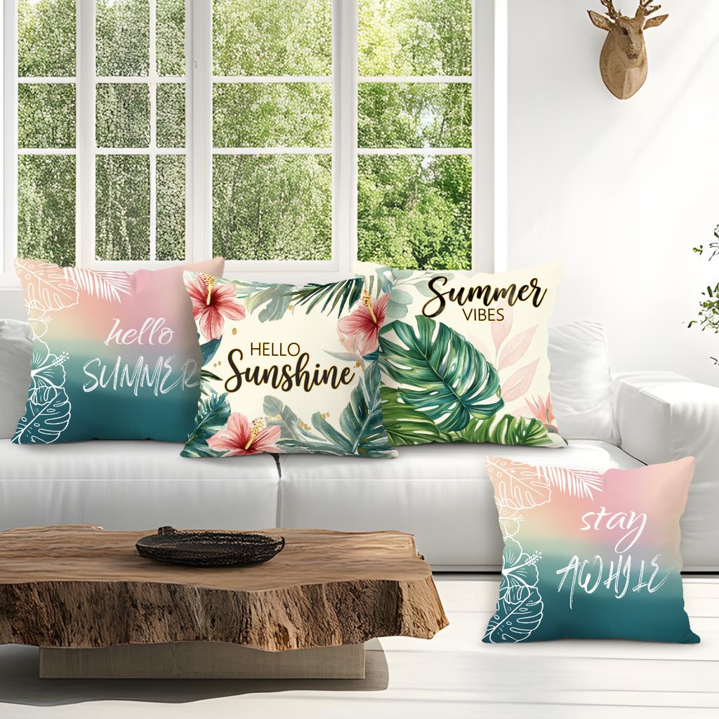 4pcs/setGreen and Pink Hawaiian Theme Cushions Pillowcase Polyester Cushion Cover Throw Pillow Pillowcover Home Car Sofa Decor