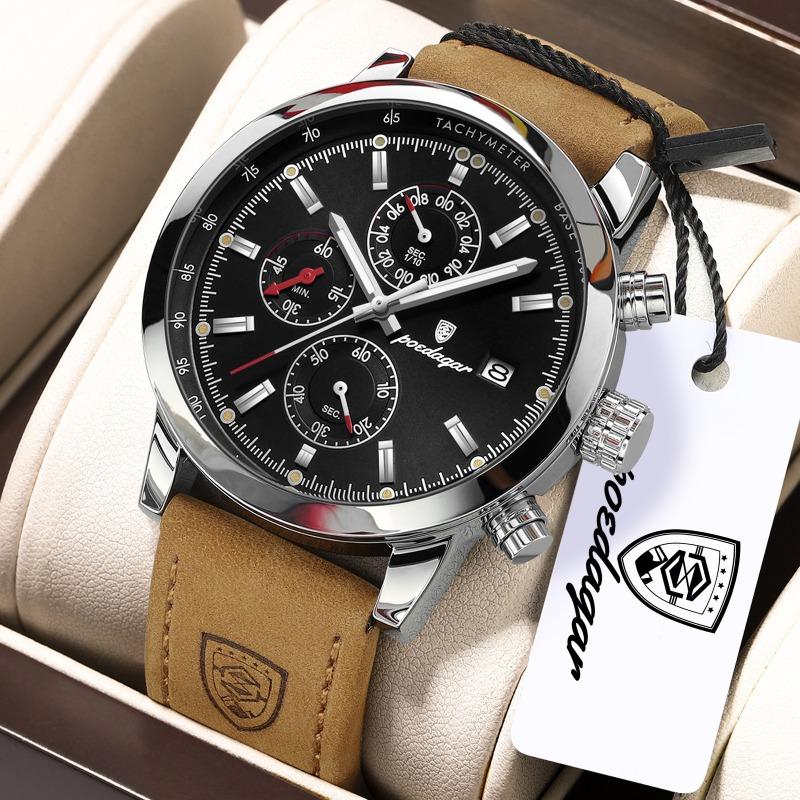 POEDAGAR Functional Luxury Man Wristwatch Date Waterproof Luminous Chronograph Men Watch Male Leather Quartz Watches