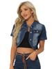 Allegra K Women's Casual Denim Jacket with Turn-Down Collar, Short Sleeves, Crop Jeans, Dark Blue, Size S