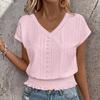 Women Tops V-Neck Short Sleeve Jacquard Decoration Pullover Tops Solid Color Loose Fit Elastic