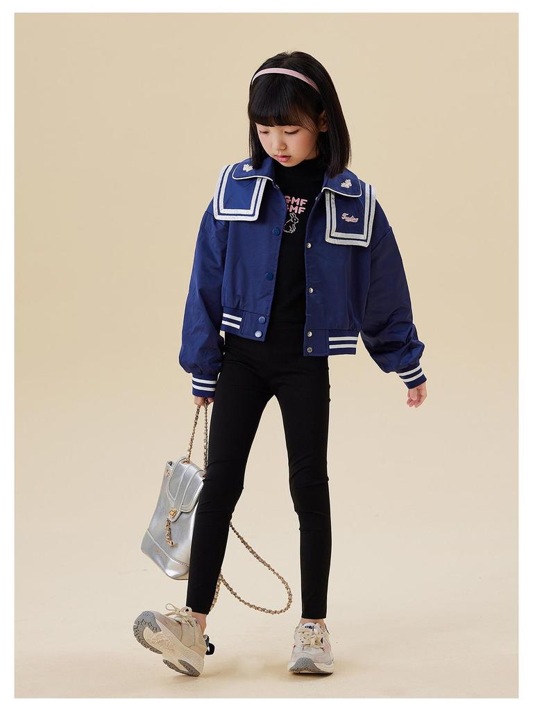 Пальто с темно-синим воротником для девочек Tao Town - 2025 Повседневная преппи весенне-осенняя короткая куртка для детей
