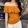 French Ruffled One-neck Sweater Sweet Hot Girl Short Slimming Sexy Off-the-shoulder Top Trendy