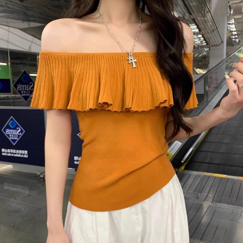 French Ruffled One-neck Sweater Sweet Hot Girl Short Slimming Sexy Off-the-shoulder Top Trendy