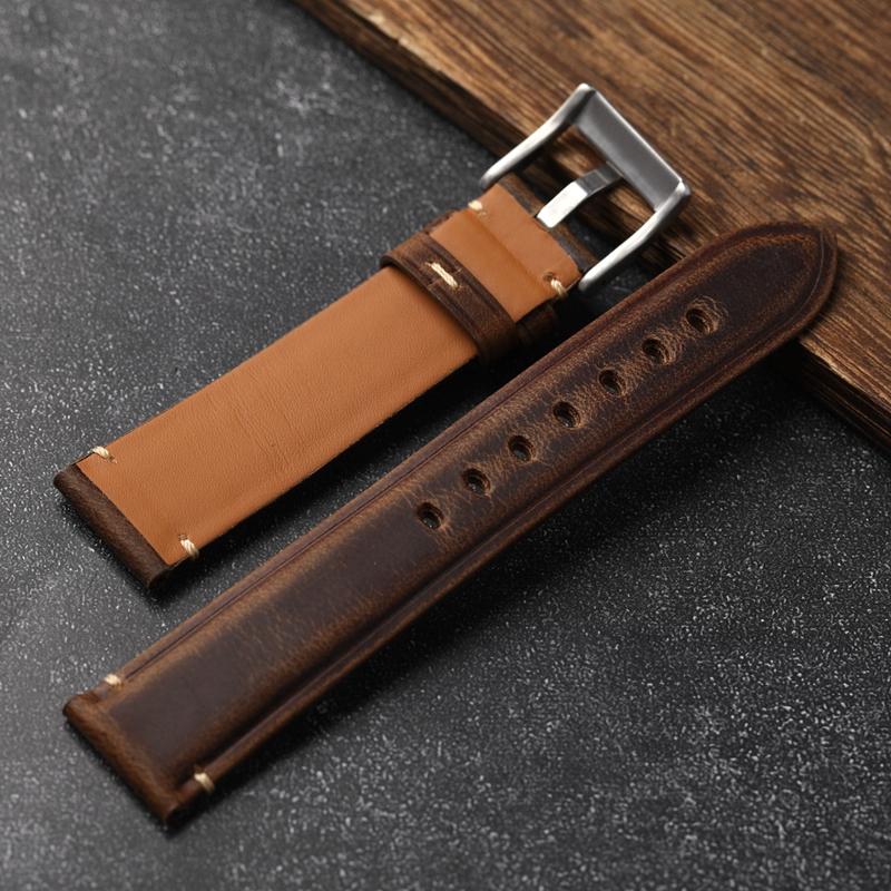 For Italian Oil Wax Leather Vintage Men Strap 18 19 20 21 22MM Thick Watch Bracelet Crazy Horse Leather Brown Bracelet