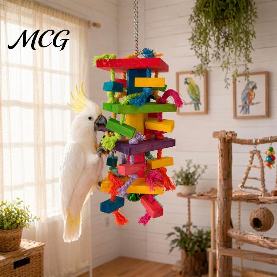Cotton Rope Bird Toy Parrot Chewing for Macaws African Greys, Colorful Wooden Block Puzzle with Multi-layer Tassels, Hanging Interactive Activity