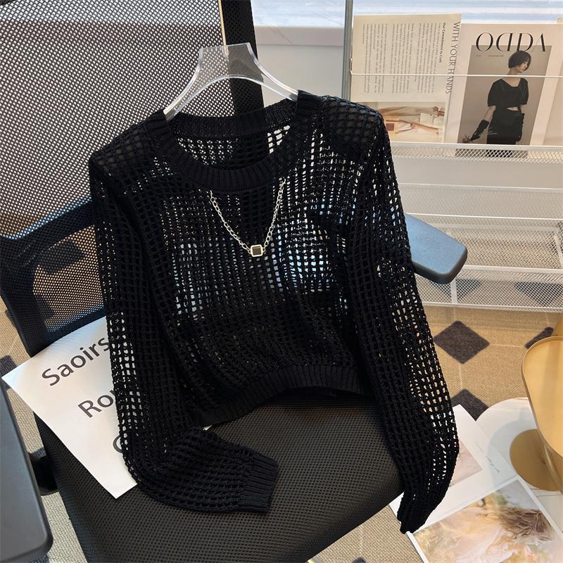 Spring/Summer Design Knitted Shirt Women's Hollow High End Striped Hollow Knitted Shirt Top Outerwear