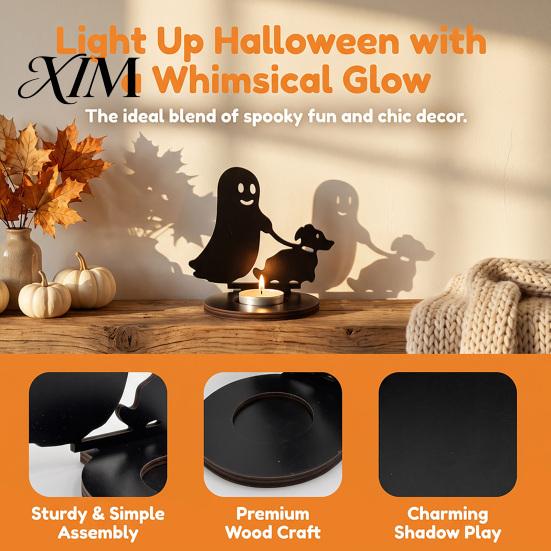 Decorative Ghost Candle Projection Halloween Shadow Holder, Spooky Skull Candlestick Decoration, Holder Vintage Wooden Tea Light Stand for Home Party