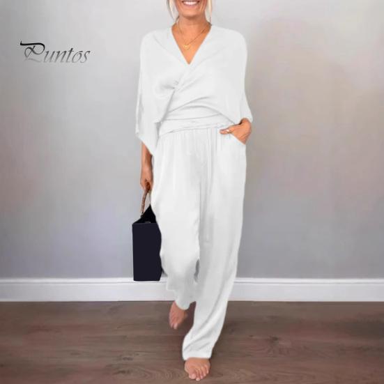 Женский комплект из 2 предметов: топ, брюки, V-образный вырез, длинные рукава, блузка с перекрещивающимися бретелями, высокая талия, плиссированные широкие брюки, формальный наряд для поездок на работу на весну и лето